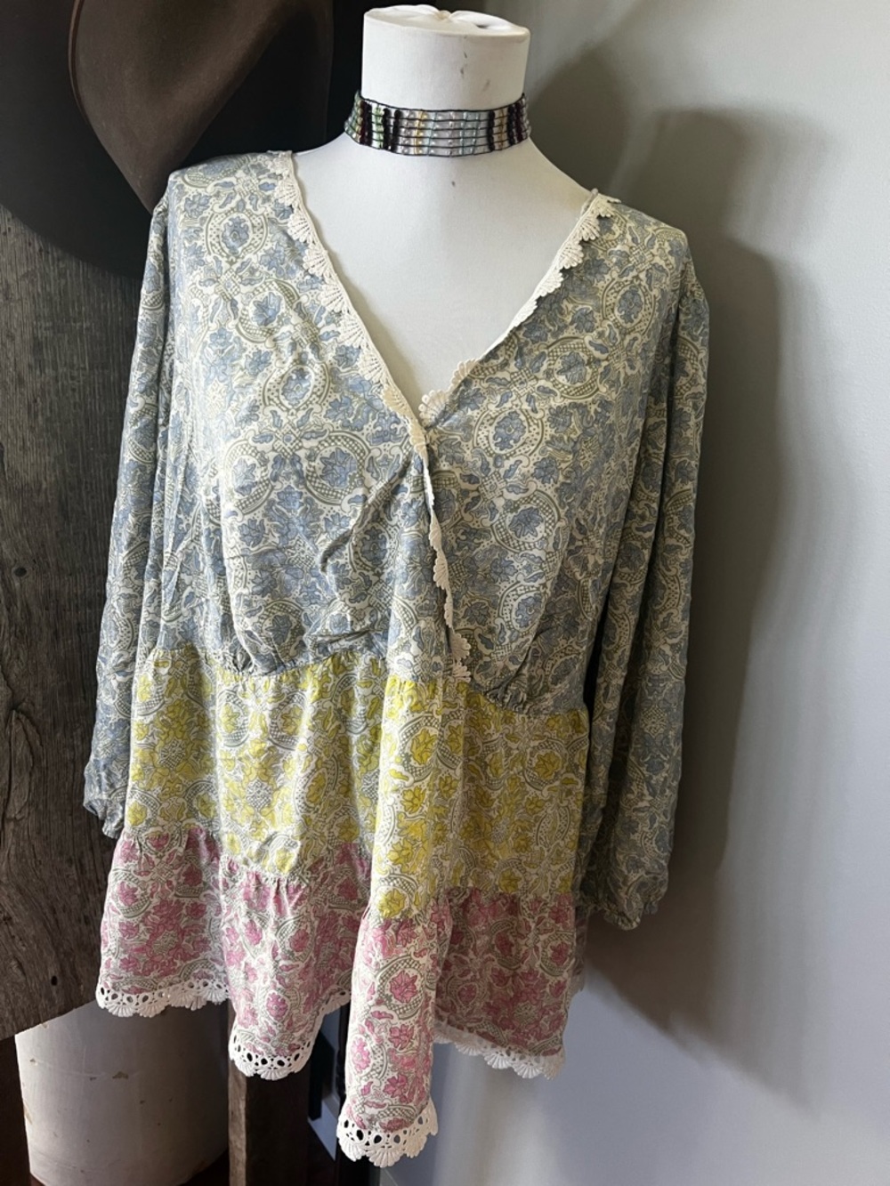 Boho Tiered Lace-Trim Peasant Blouse in Blue, Yellow & Pink